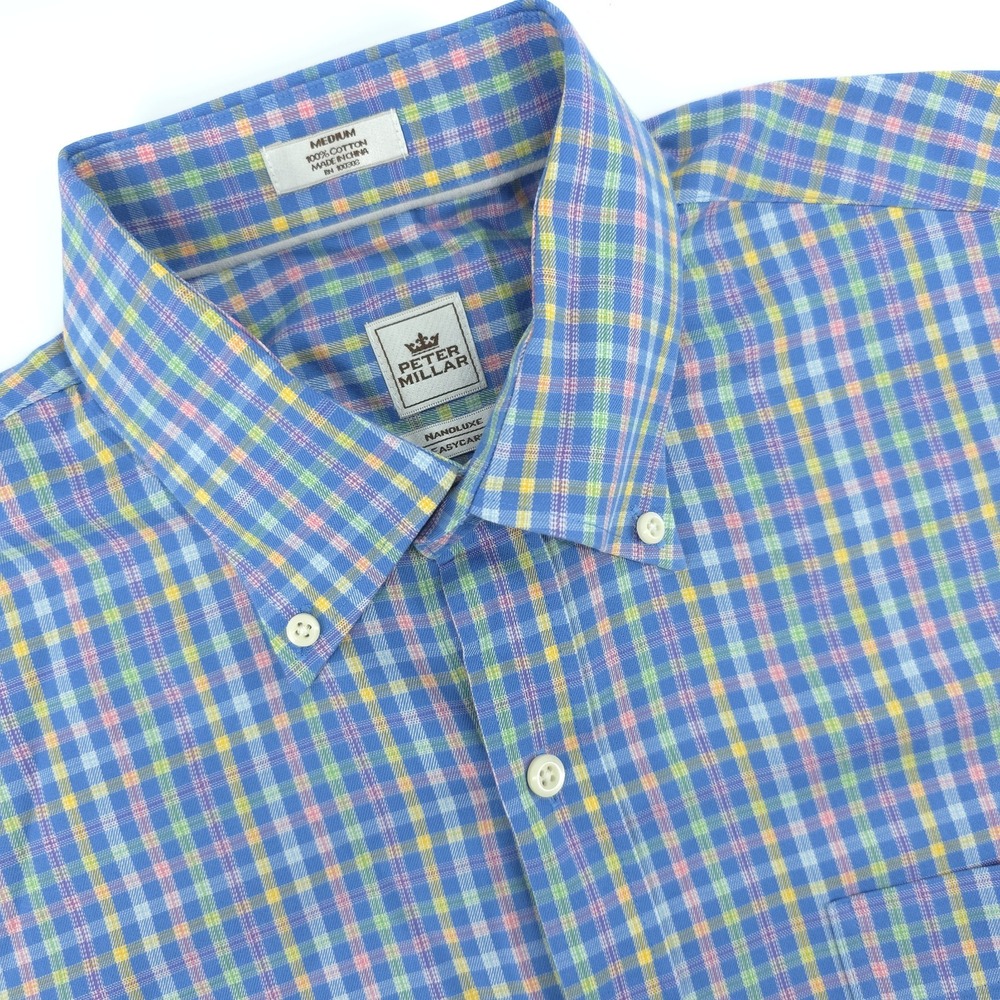 Peter Millar Nanoluxe Shirt Mens‎ Medium Multicolor Check Cotton Long Sleeve